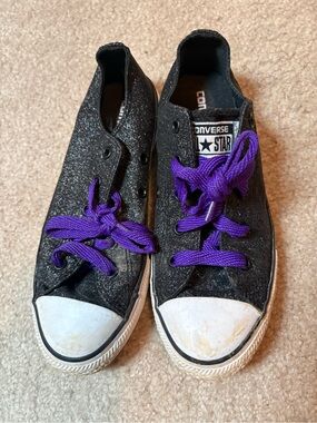 Converse Kids Black Glitter Low Top Sneakers with Purple Laces